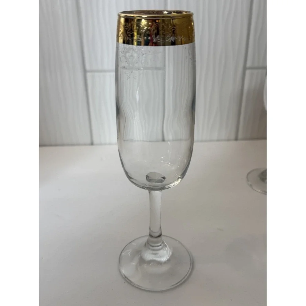VTG Cellini Italian Crystal Champagne Flutes Wine Glass Gold Rim Set 4 Org Box